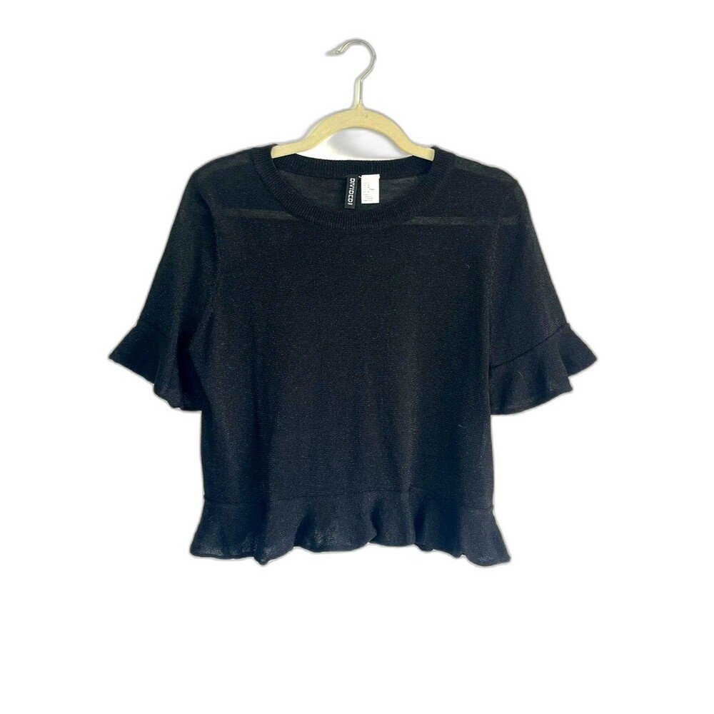 Divided H&M Black Ruffle Hem Sheer Short Sleeve Crop Top Size M Coquette Y2K